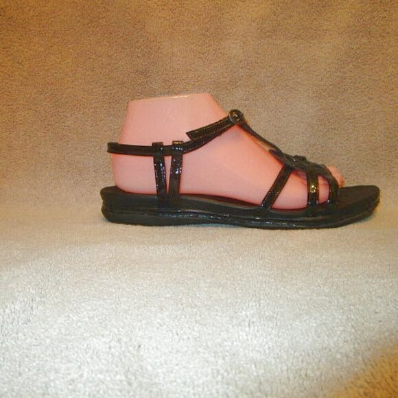 BORN Talica LEATHER Sandals Size 10 ANKLE STRAP Arch ADJUSTABLE Flats TWIST Blac - Picture 3 of 11